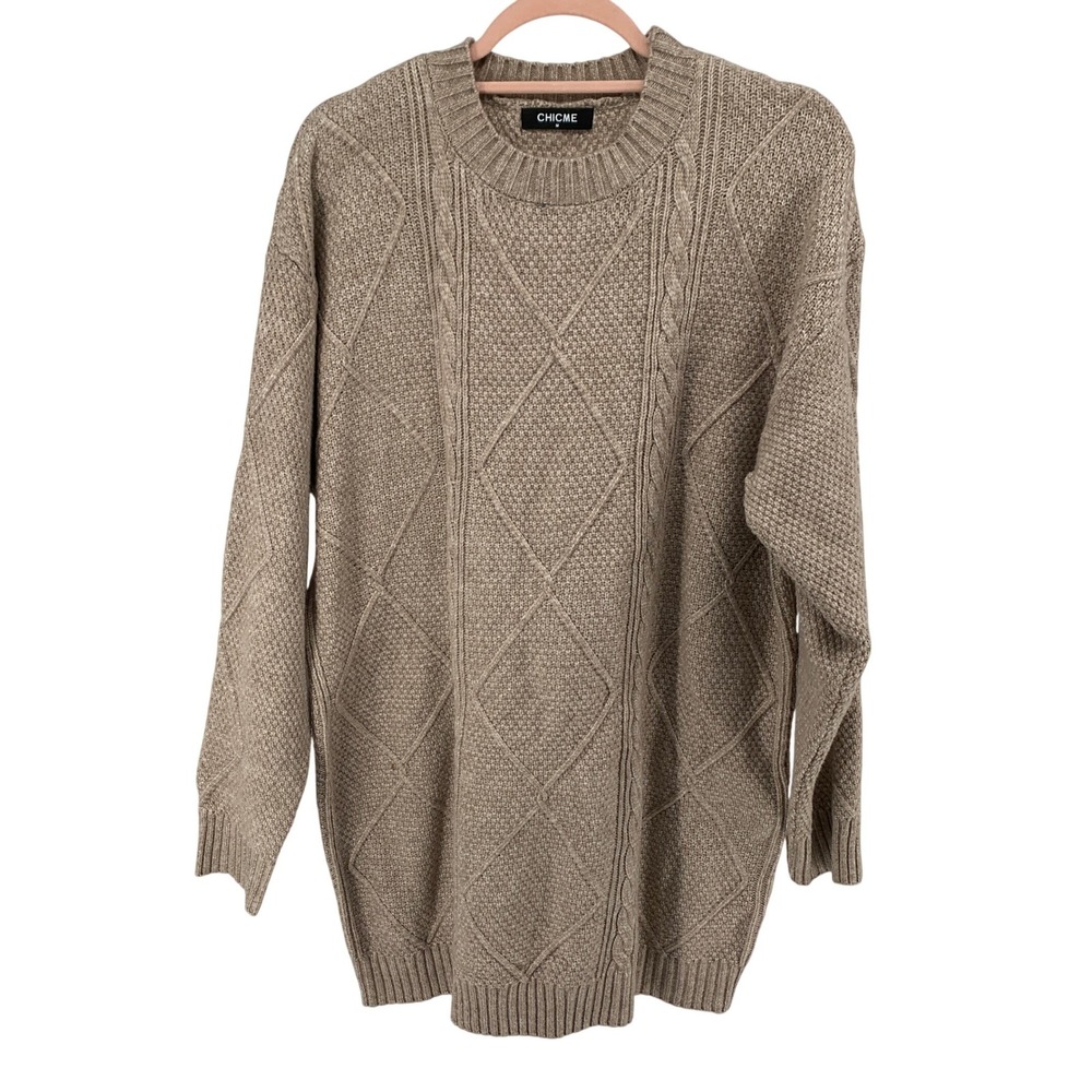 ChicMe Women Tan Beige Diamond Cable Knit Oversized Tunic Sweater Crew Neck M